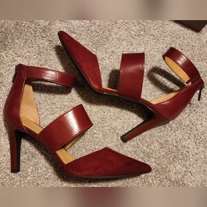 Franco Sarto burgundy leather wide strapy pumps, sz: 9.5 "Alysia"